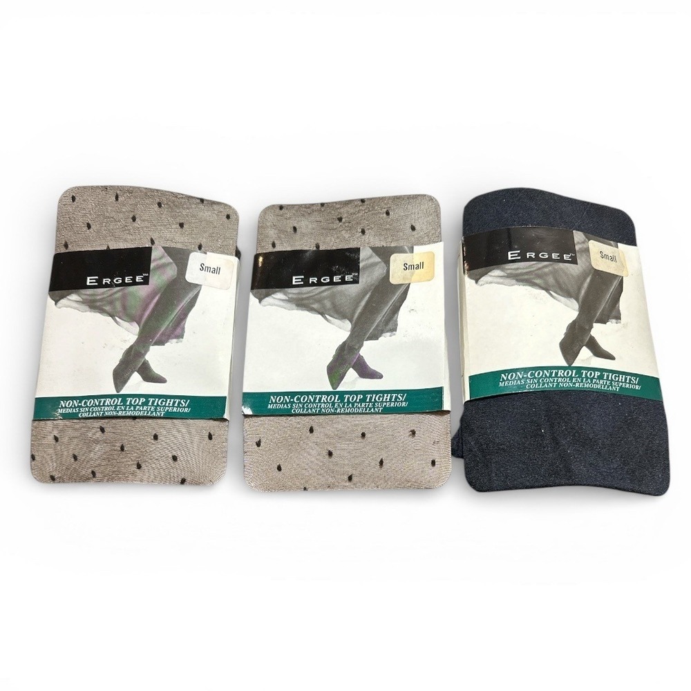 Vintage Ergee Tights Women Small 3 Pack‎ Non-Control Top Black Patterned NOS